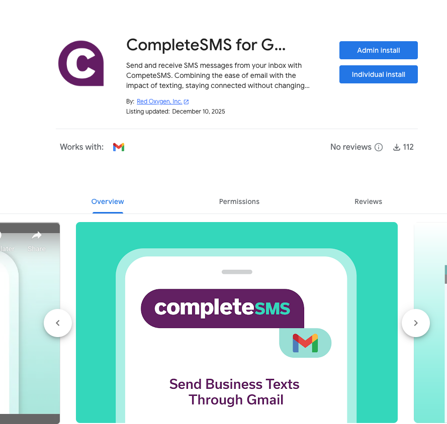 Image of CompleteSMS for Gmail Google Workplace Marketplace store front